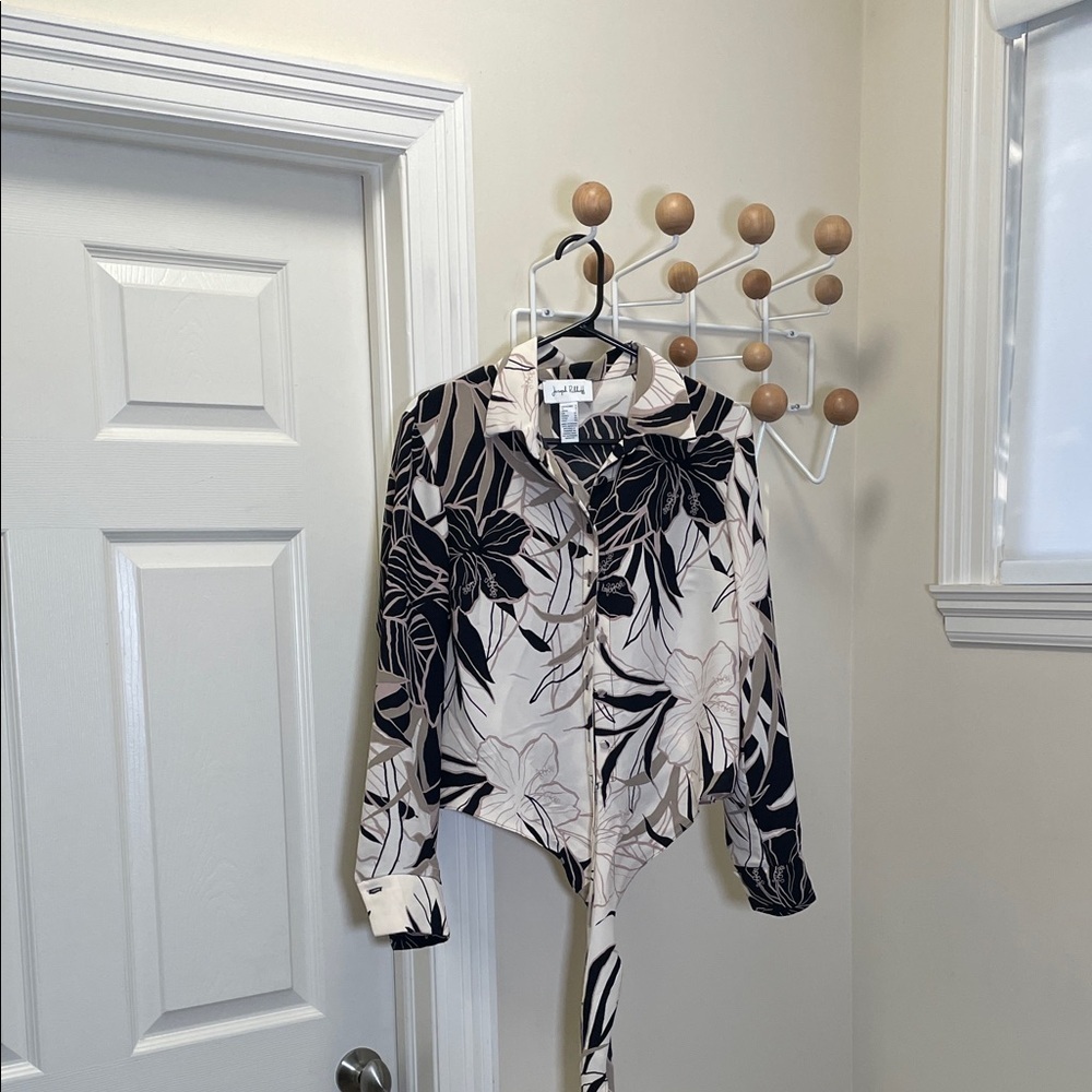 Joseph Ribkoff Button Down Tie Front Long Sleeve Shirt Floral Black Cream 6